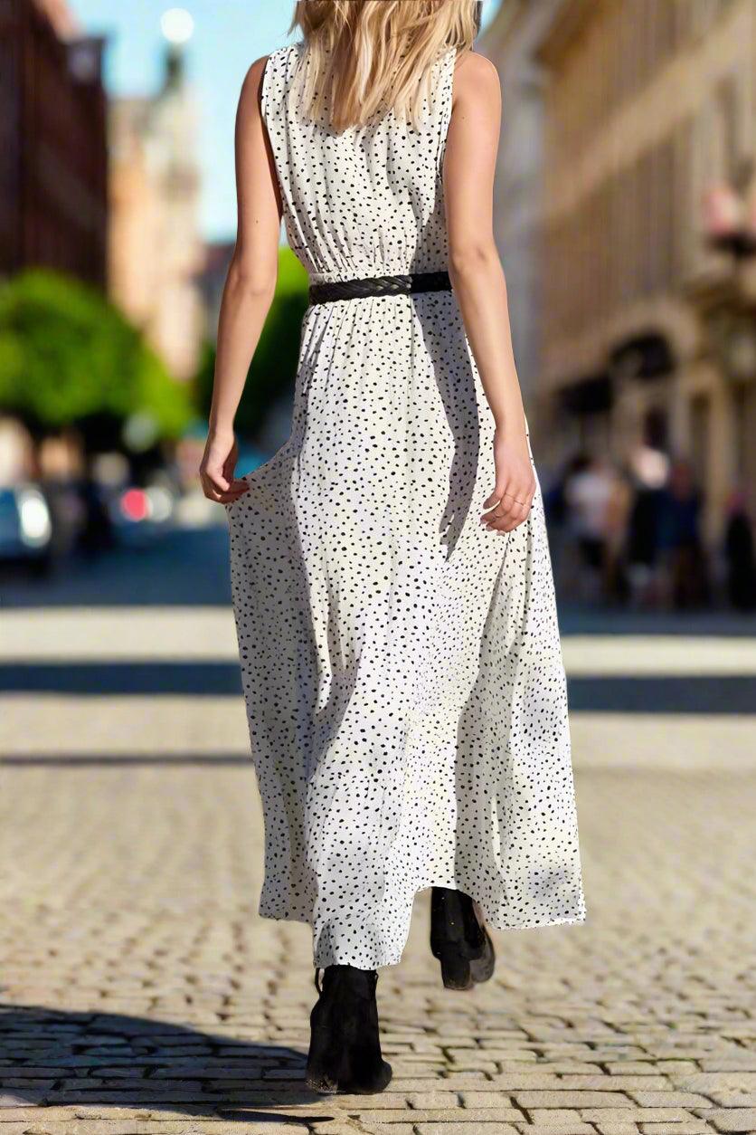 Mila Polka Dot V-Neck Maxi Dress with Flowing Silhouette - Rebooters -Women's Dresses