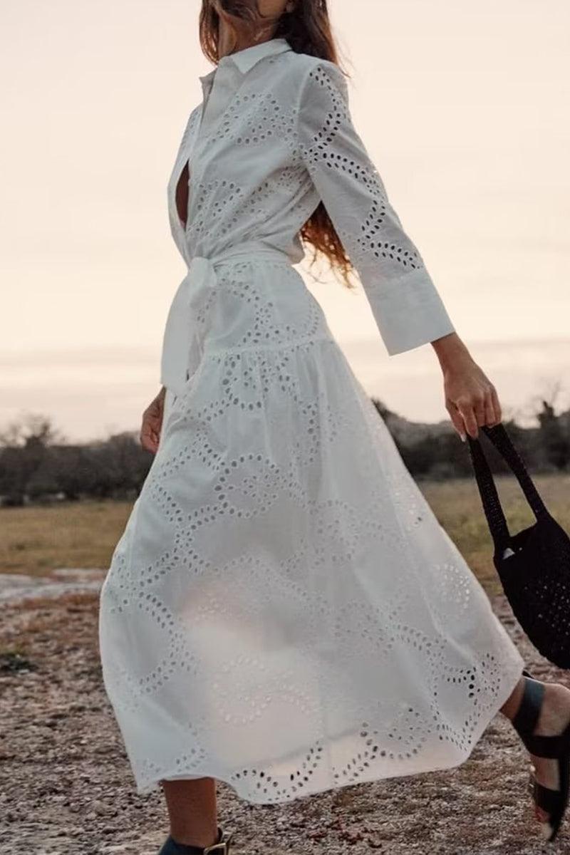Lyra Petal Embroidery Dress with Flattering Tie Waist - Rebooters -Women's Dresses