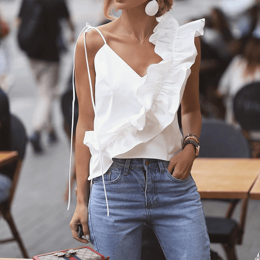 Women's Elegant V-Neck Solid Ruffled Sleeveless Tank Top Rebooters Womens Shirts
