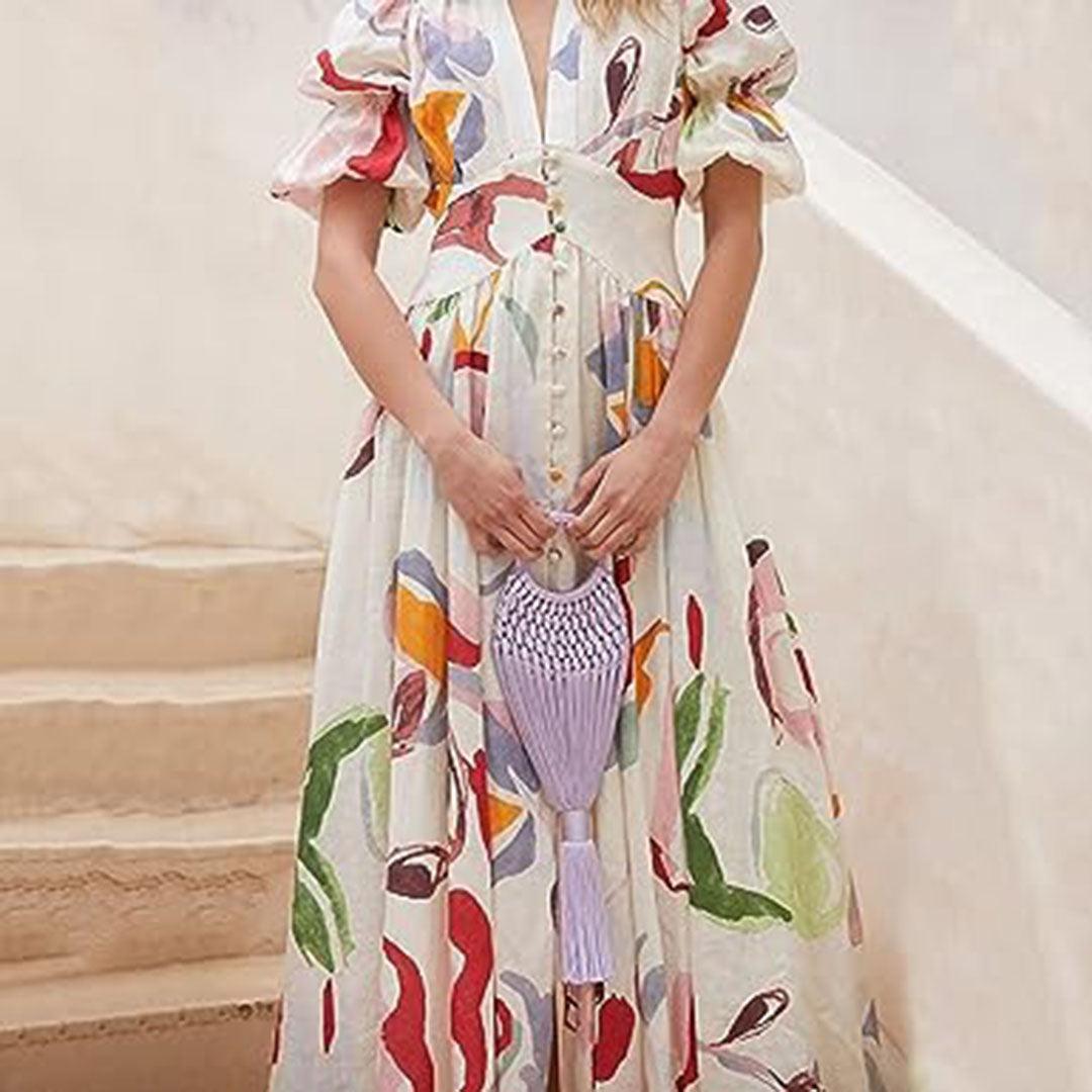 Elegant Irene Women's Maxi Dress with Puff Sleeves and V-Neck Rebooters Maxi Women's Dresses
