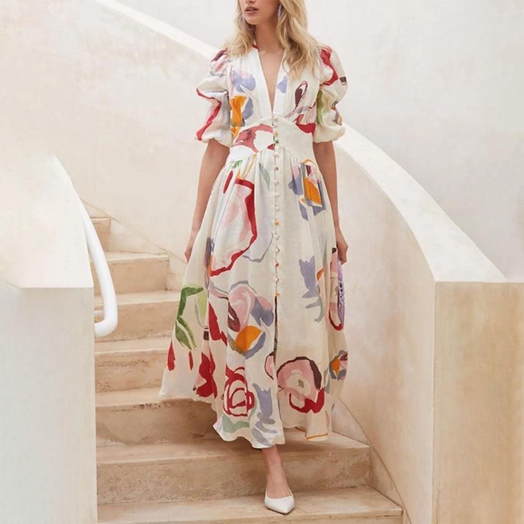 Elegant Irene Women's Maxi Dress with Puff Sleeves and V-Neck Rebooters Maxi Women's Dresses