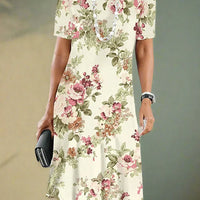 Woman wearing a floral dress with a neutral background