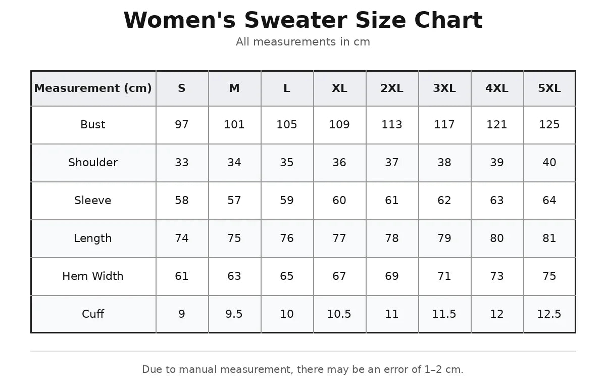 Women's sweater size chart with measurements in centimeters