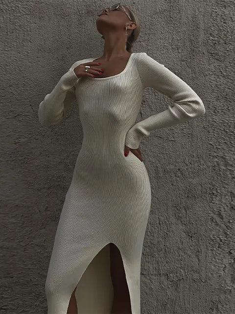 Women's Square Neck Knitted Midi Dress for Stylish Elegance - Rebooters -Women's Dresses