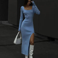 Women's Square Neck Knitted Midi Dress for Stylish Elegance - Rebooters -Women's Dresses
