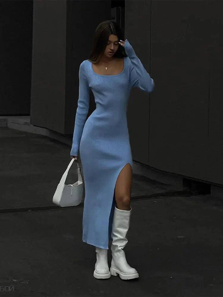 Women's Square Neck Knitted Midi Dress for Stylish Elegance - Rebooters