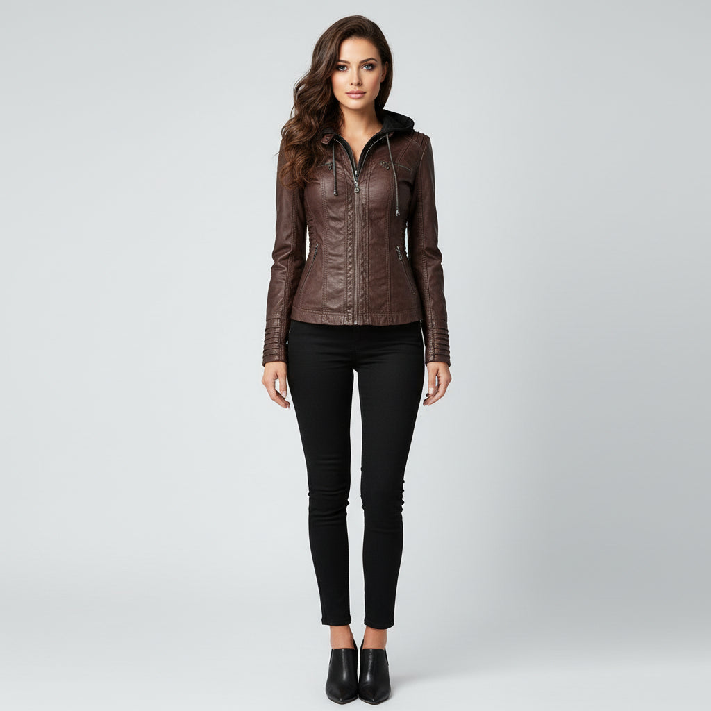 Women's Stylish Hooded Leather Jacket Double Lining Fashion - Rebooters