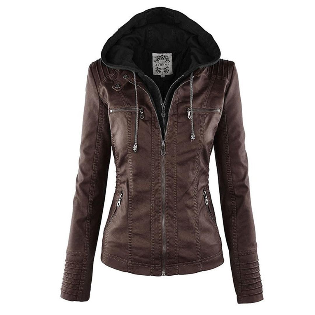 Women's Stylish Hooded Leather Jacket Double Lining - Rebooters