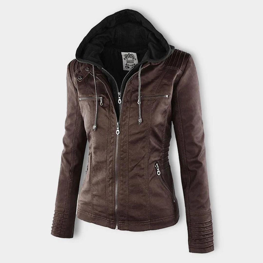 Women's Stylish Hooded Leather Jacket Double Lining Fashion - Rebooters