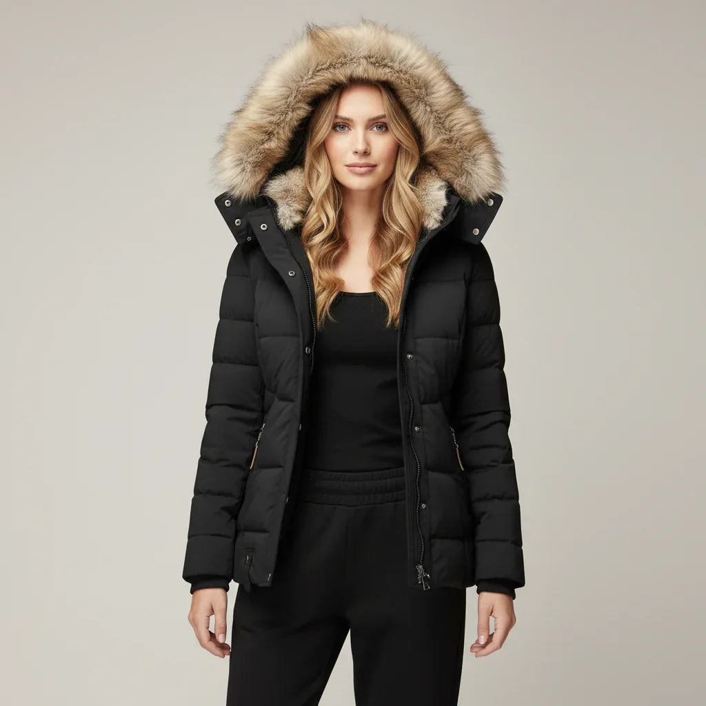 Black puffer jacket with fur-lined hood worn by a model on a white background