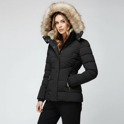 Women's Coat Jacket in Black worn by a Model on a white background