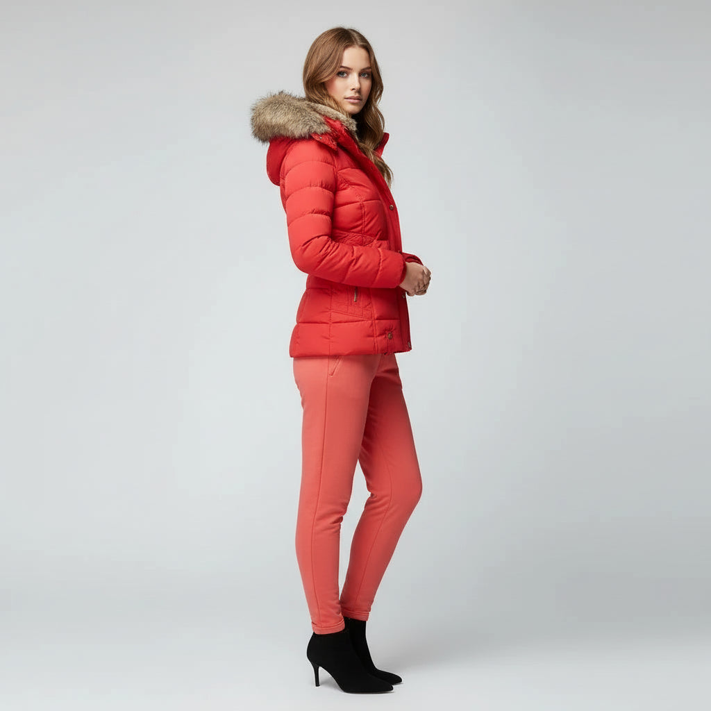 Women's Coat Jacket in Red Worn by a Model on a white background
