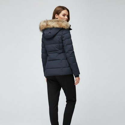 Women Wearing a Blue Jacket on a white Background