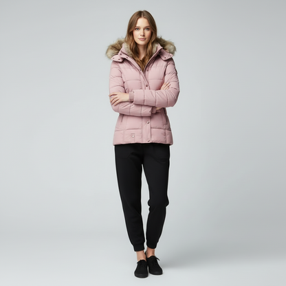 Women's Coat Jacket in Pink Worn by a Model on a white background