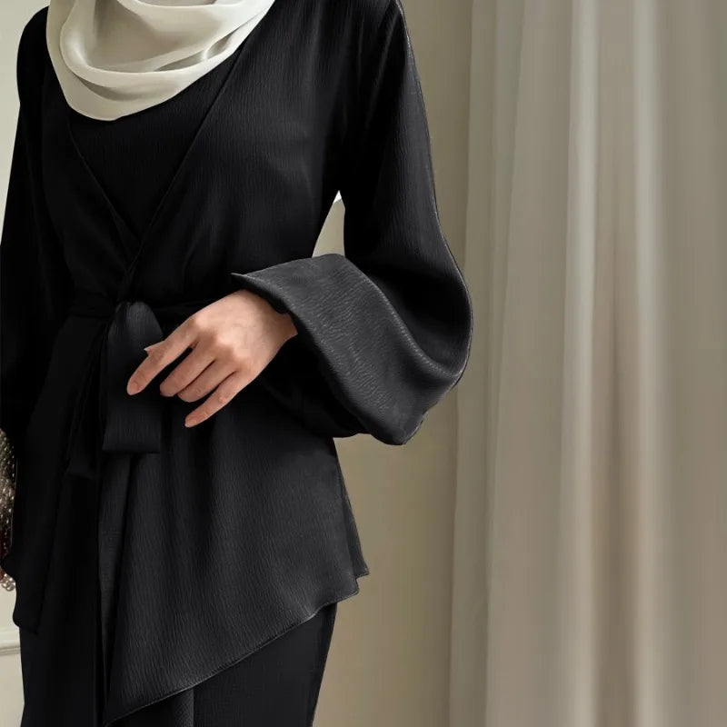 Women's Two-Piece Satin Abaya Set Black for Elegant Style - Rebooters