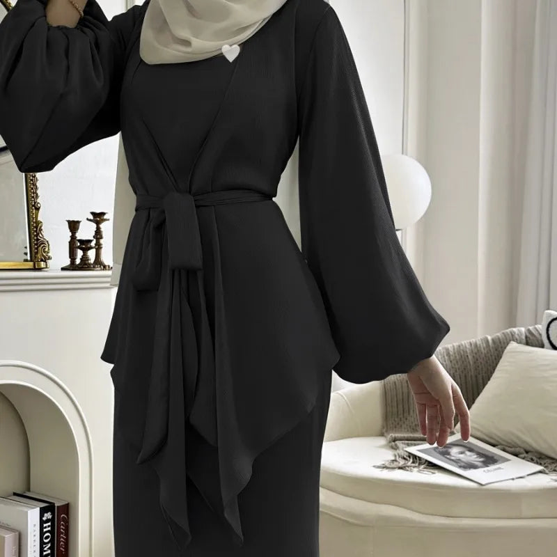 Women's Two-Piece Satin Abaya Set Black for Elegant Style - Rebooters