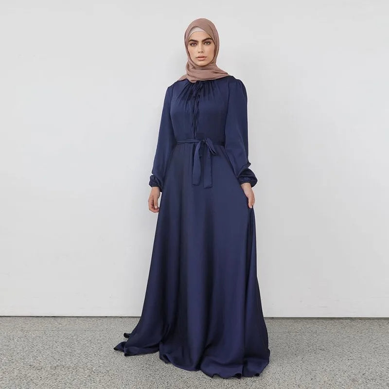 Womens Elegant Navy Satin Abaya Dress Featuring a Stylish Bow Neckline - Rebooters