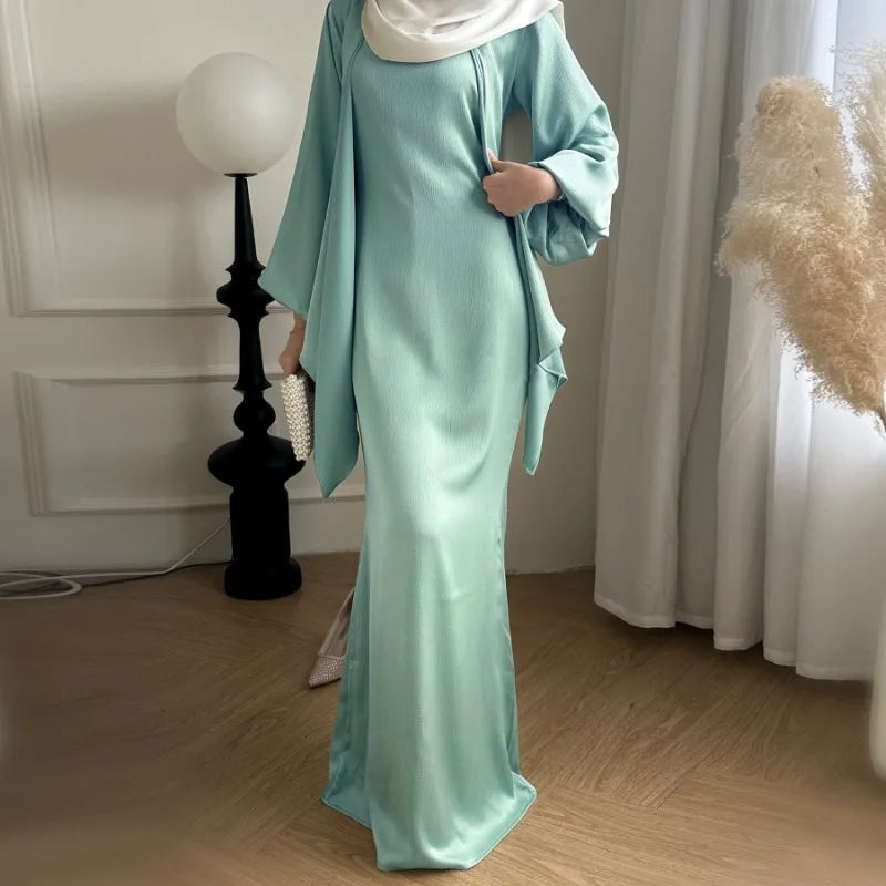 Womens Elegant Sky Blue Satin Abaya Set for Special Occasions - Rebooters