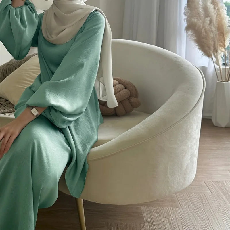 Womens Elegant Sky Blue Satin Abaya Set for Special Occasions - Rebooters