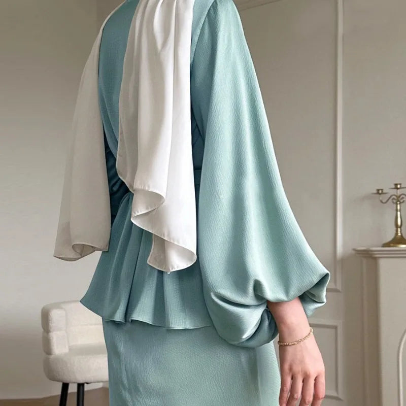 Womens Elegant Sky Blue Satin Abaya Set for Special Occasions - Rebooters