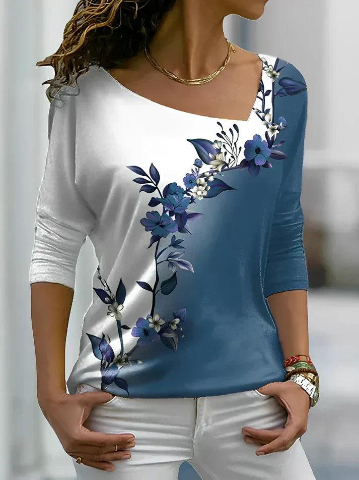Women's Floral Contrast Short-Sleeve Top for Casual Style Blue - Rebooters