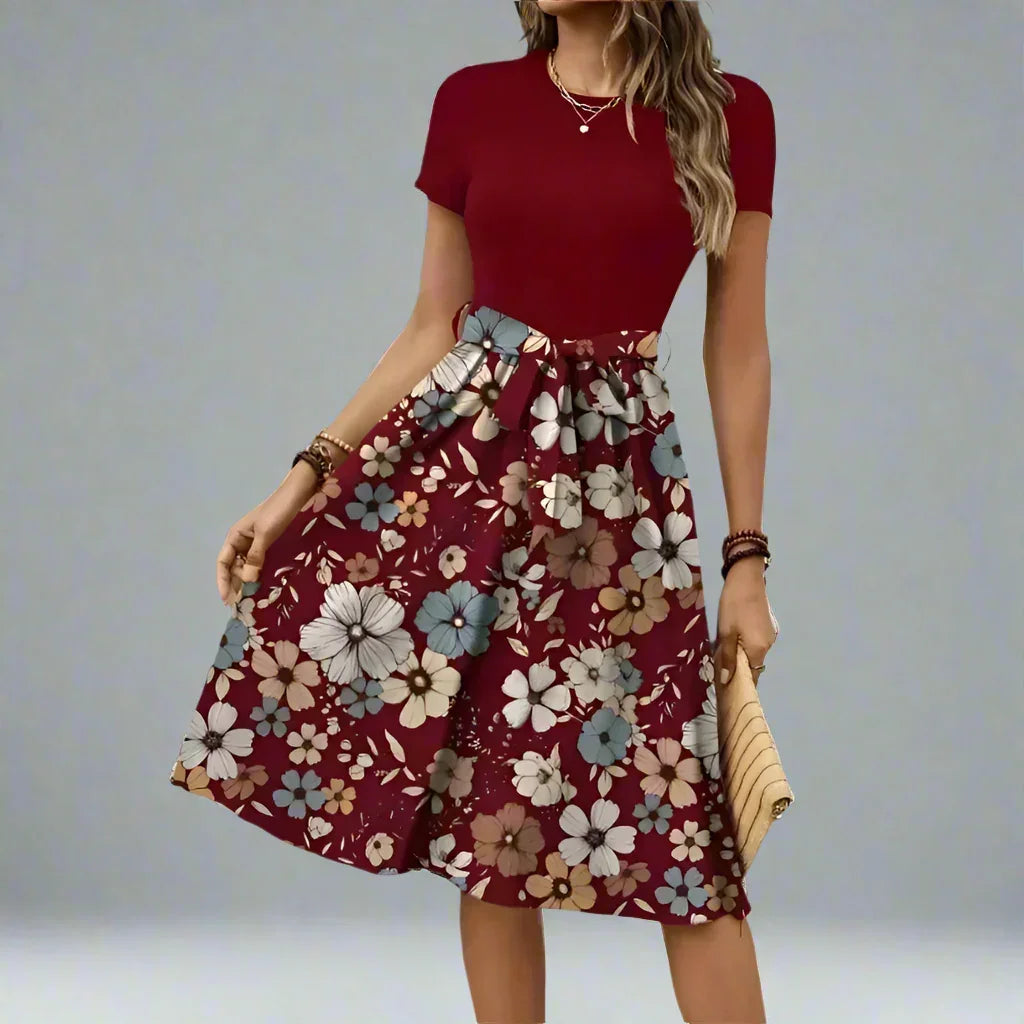 Women's Floral Midi Dress with Flared Skirt for Spring and Summer