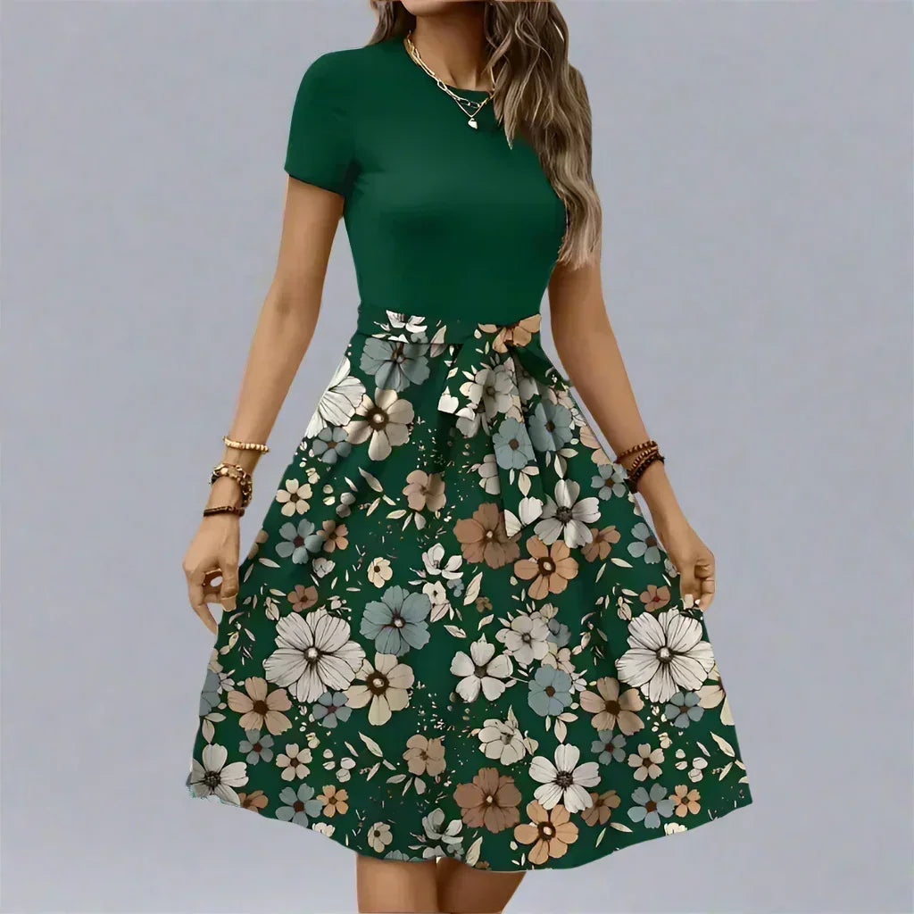 Women's Floral Midi Dress with Flared Skirt for Spring and Summer