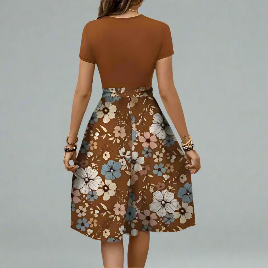 Women's Floral Midi Dress with Flared Skirt for Spring and Summer
