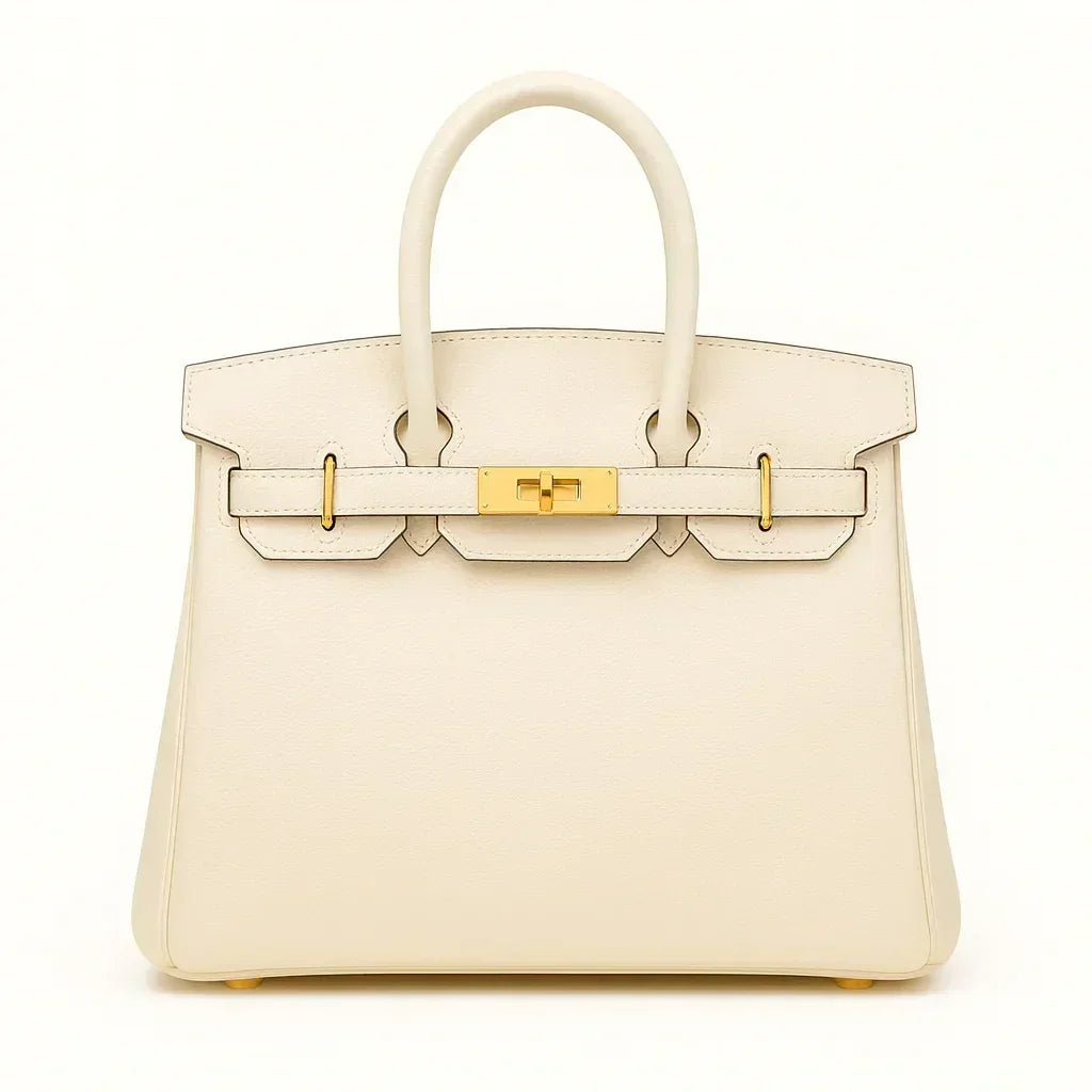 Women's genuine leather tote bag in cream with gold hardware on a white background