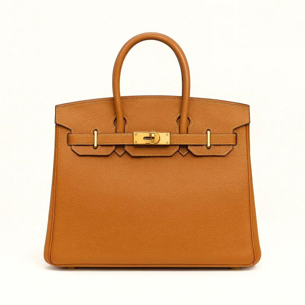 Women's genuine leather tote bag in tan with gold hardware on a white background