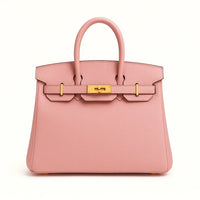 Pink genuine leather tote bag with gold hardware on a white background