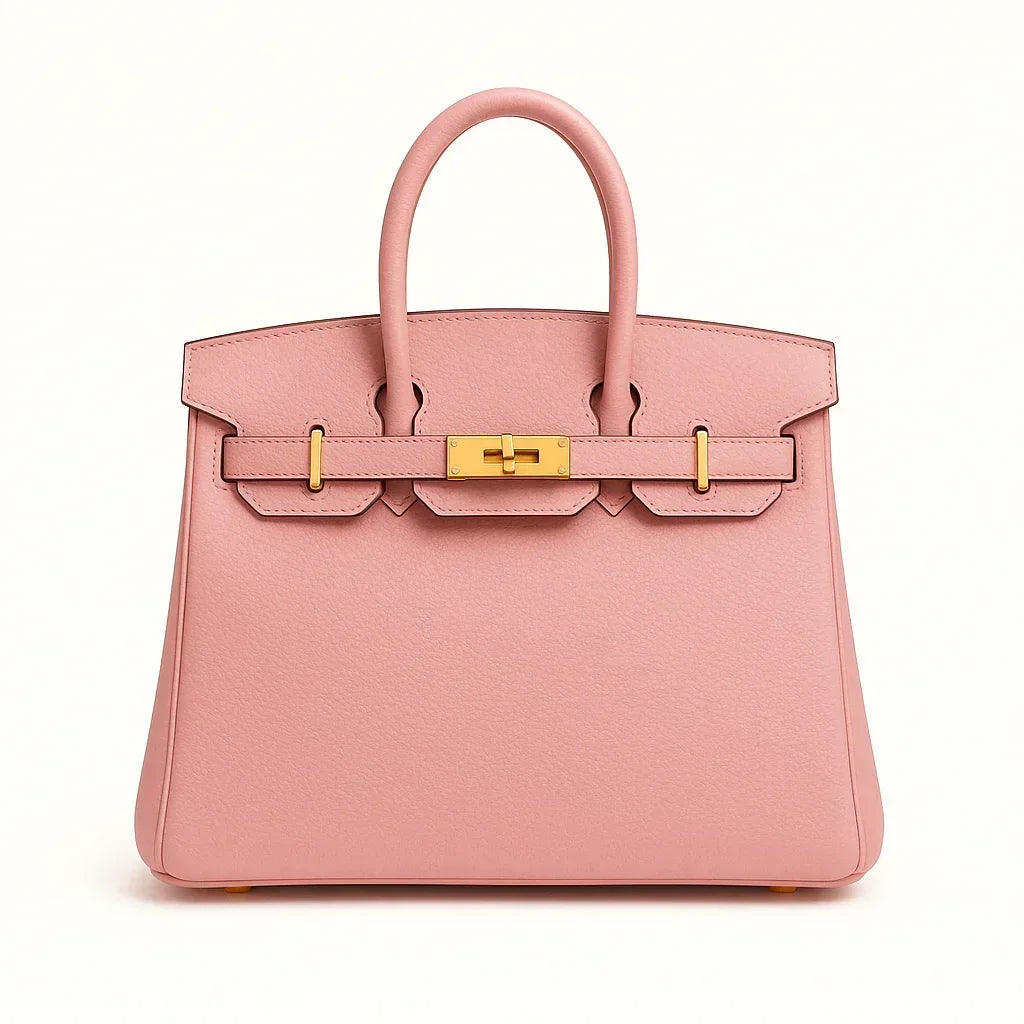 Pink genuine leather tote bag with gold hardware on a white background