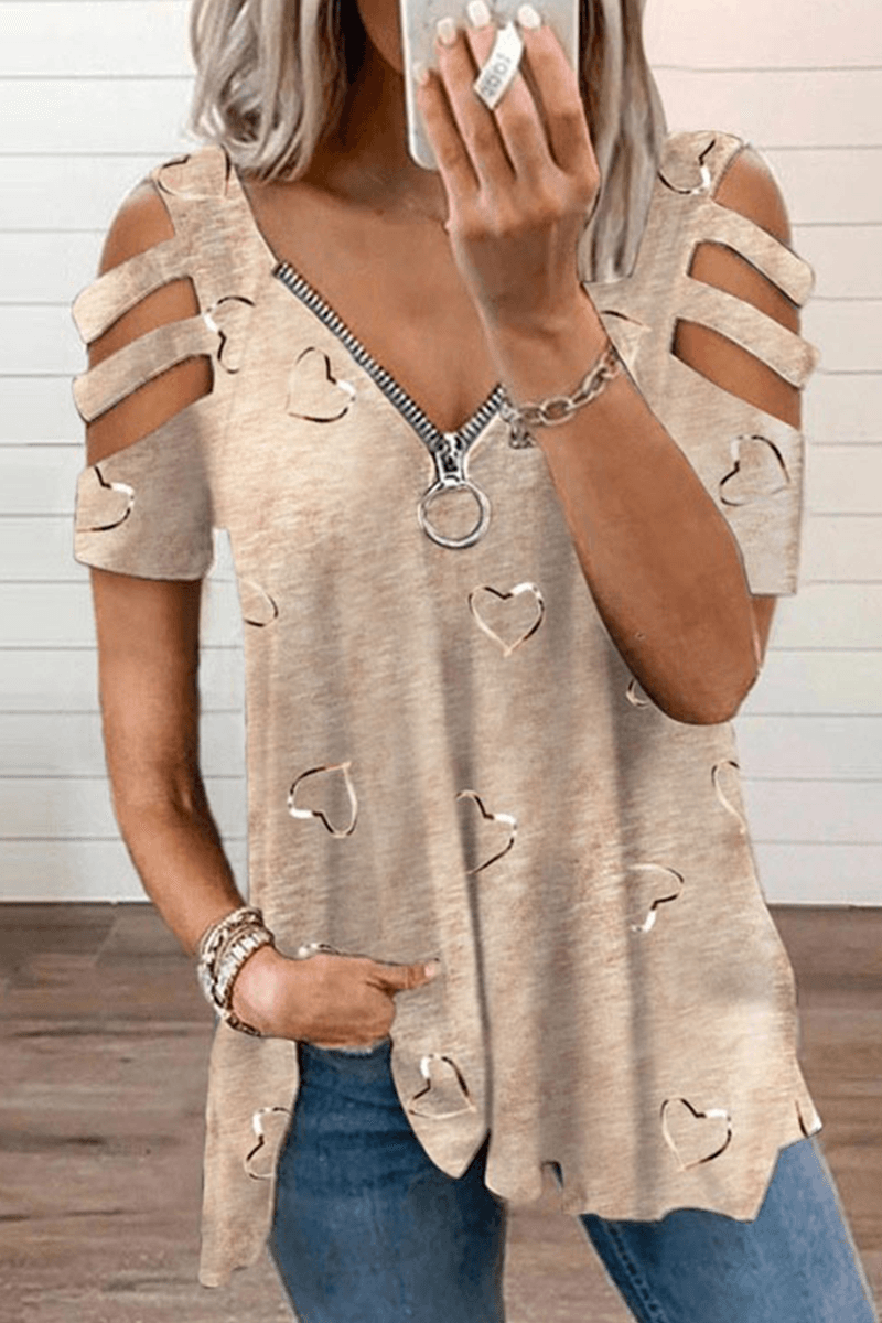 Women's Printed Top With Cut-Out Zipper For Casual Style - Rebooters