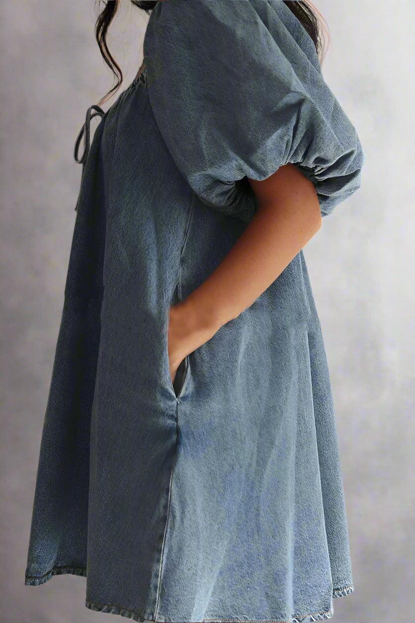 Vada Womens Puff Sleeve Denim Mini Dress, - Rebooters -Women's Dresses