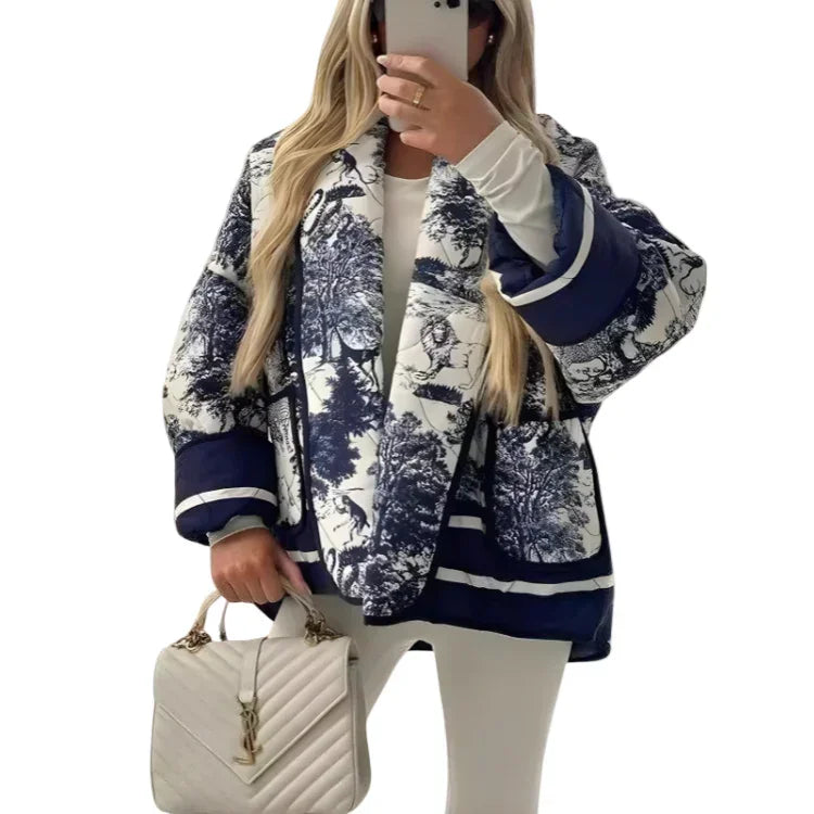 Womens Retro Print Puffer Jacket – Stylish Comfort Coat - Rebooters