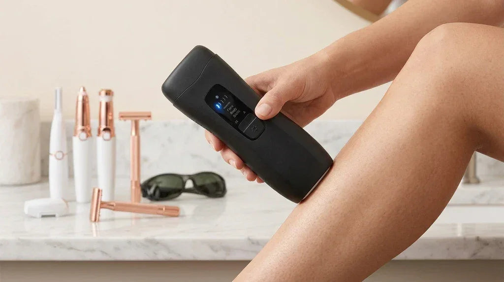 Person using a black hair removal device on their leg with a marble countertop and grooming tools in the background.