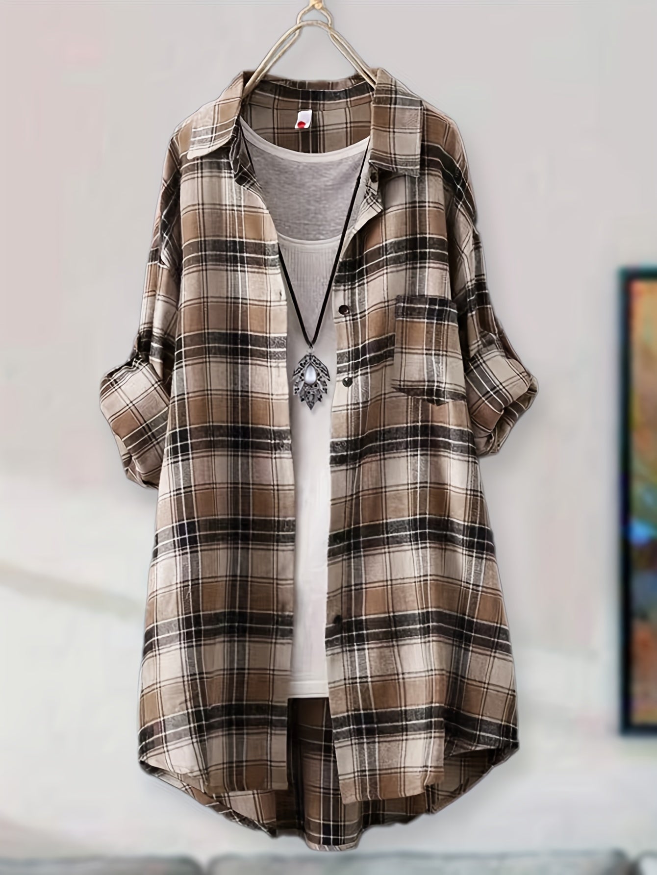 Plaid Button-Up Longline Shirt For Women - Cozy Style - Rebooters