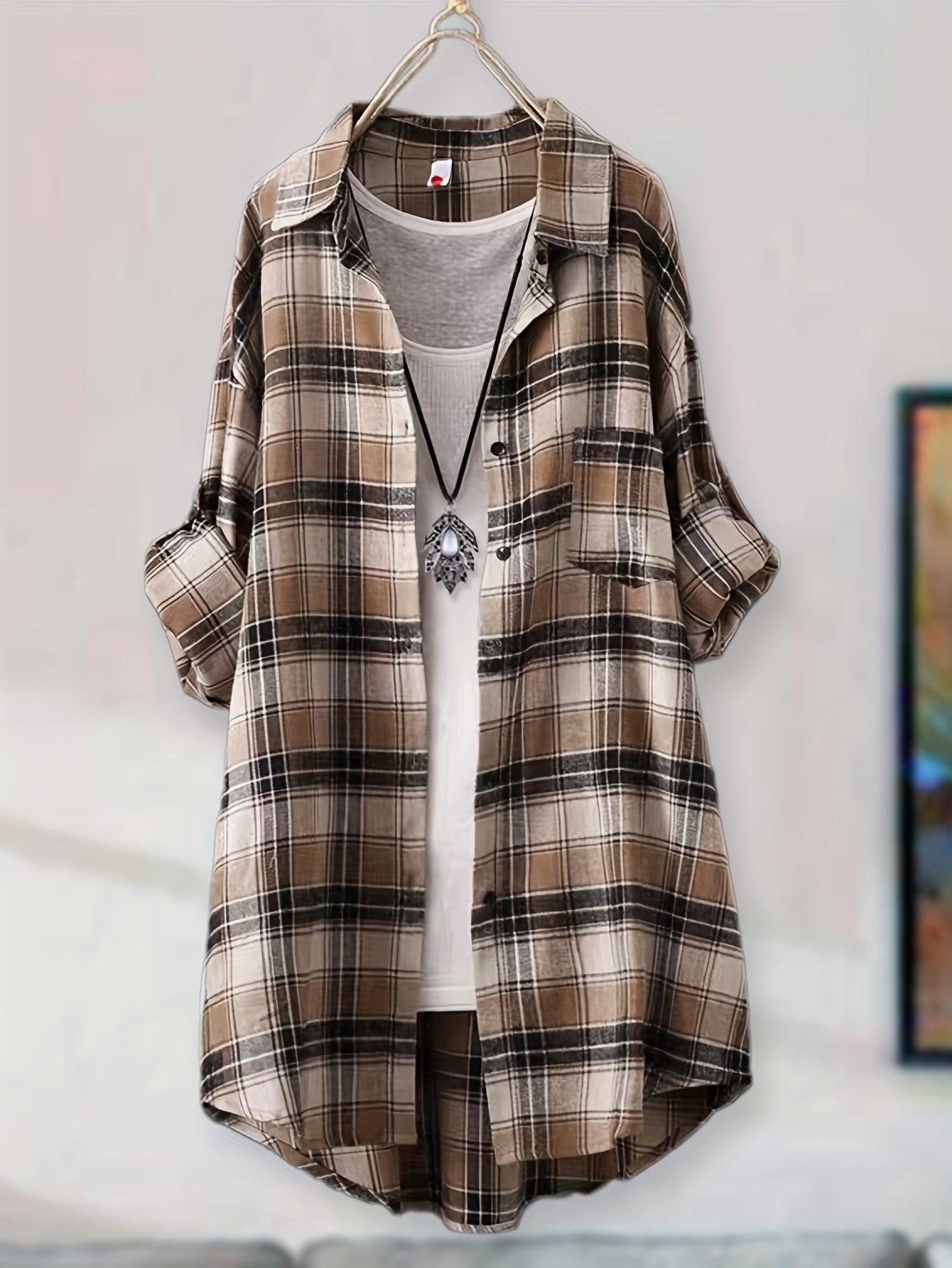 Plaid Button-Up Longline Shirt For Women - Cozy Style Rebooters Womens Shirts
