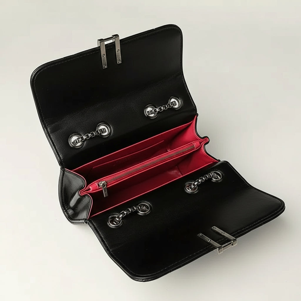 Open black leather handbag with red interior, silver chain details, and zipper pocket
