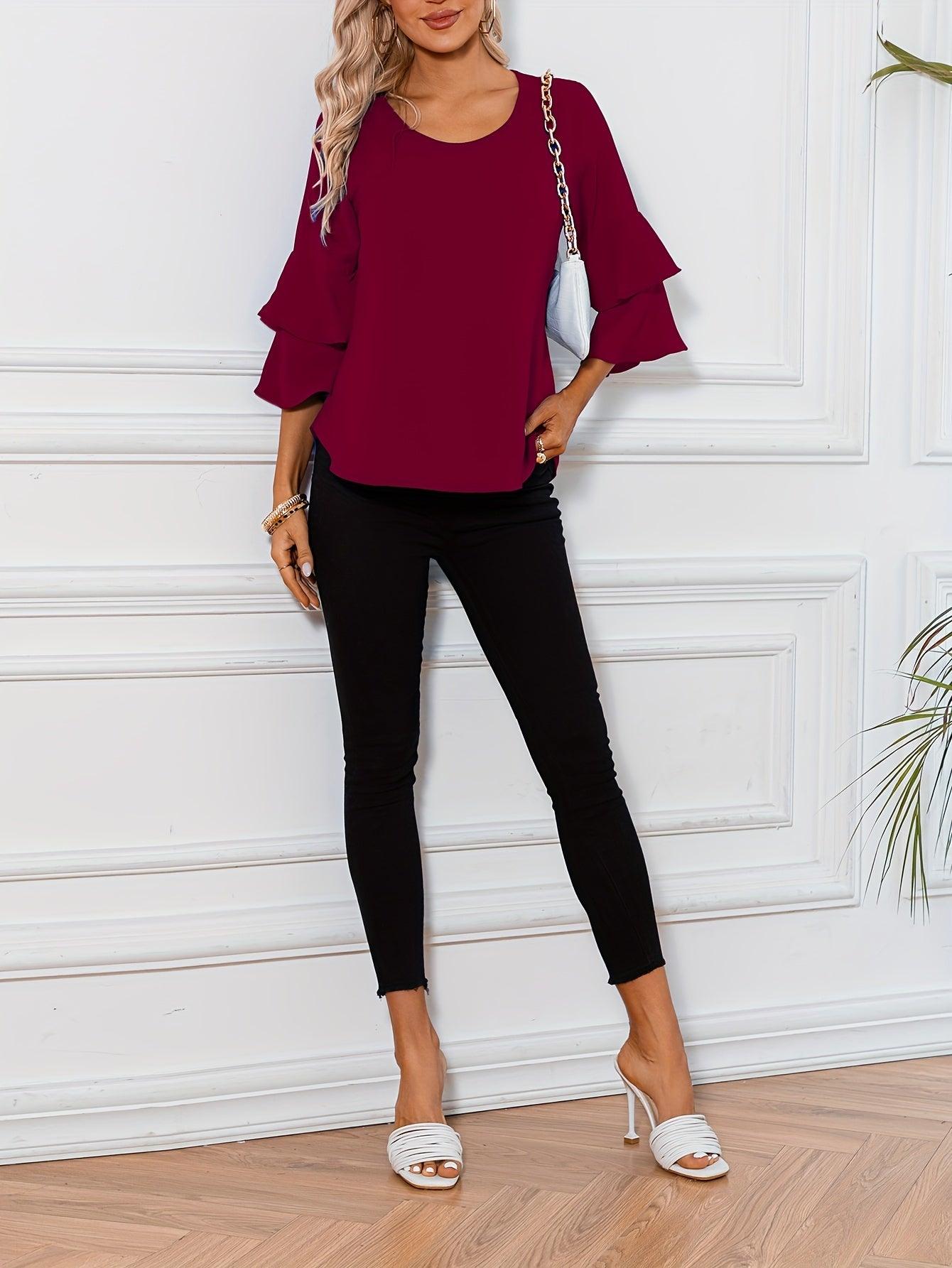 Ruffle Sleeve Blouse With Round Neckline For Women Rebooters Womens Shirts