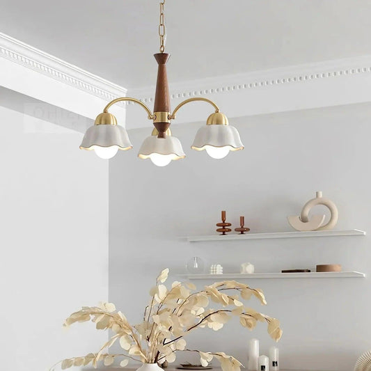 Flower-Shaped White Shade Vintage Wooden Chandelier Pendant | Rebooters - Rebooters