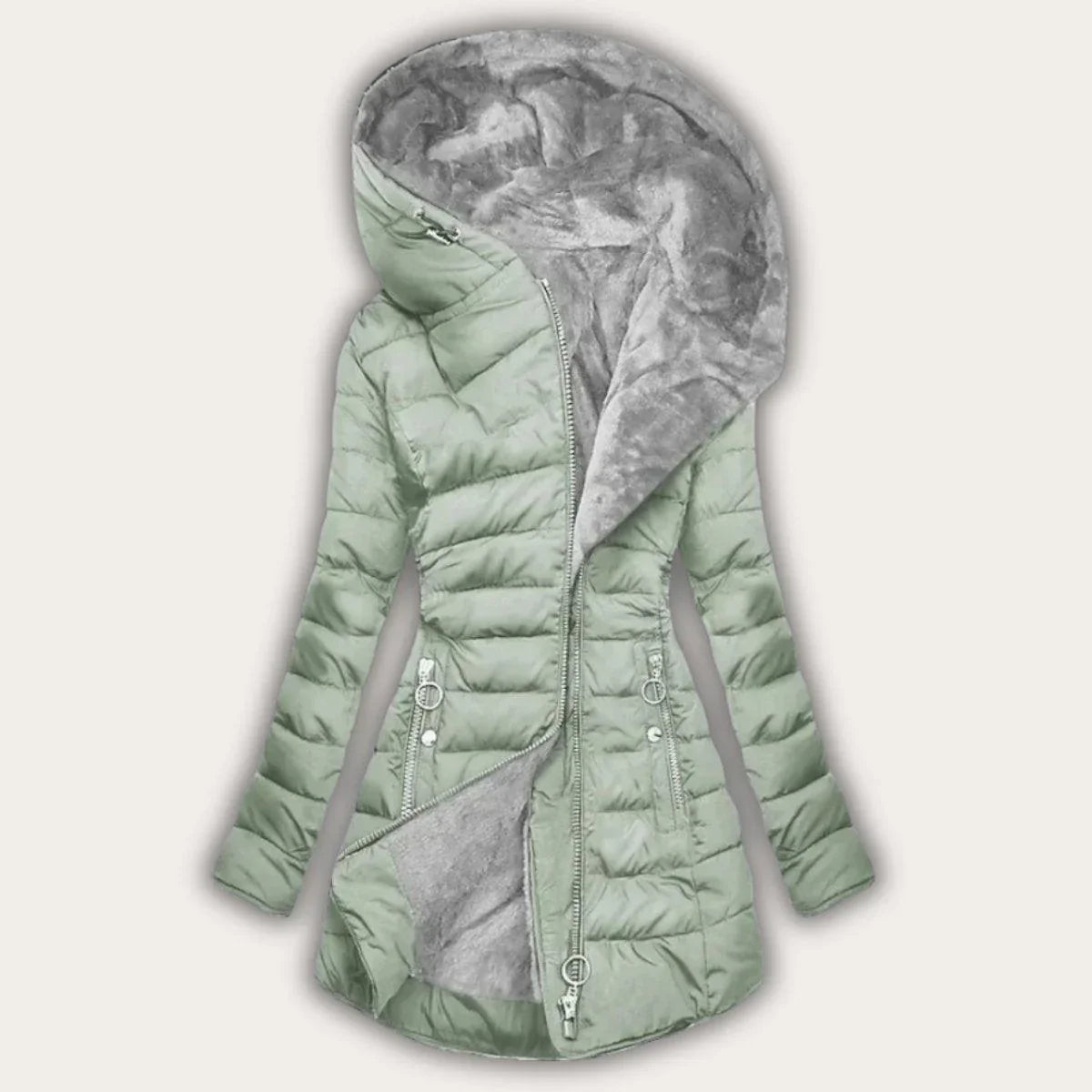 Womens Stylish Asymmetrical Hooded Puffer Jacket for Winter Light Green - Rebooters