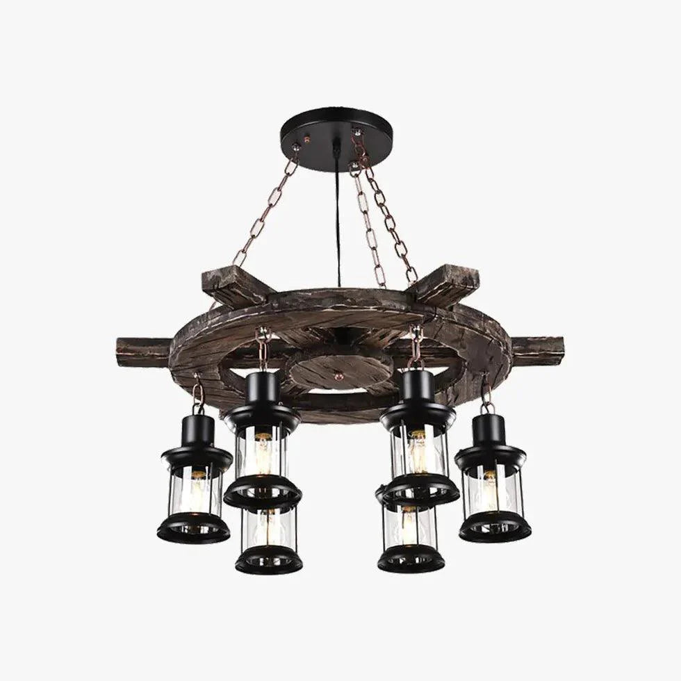 Wooden Wheel Shaped Multi-Light Industrial Chandelier Fixture | Rebooters - Rebooters