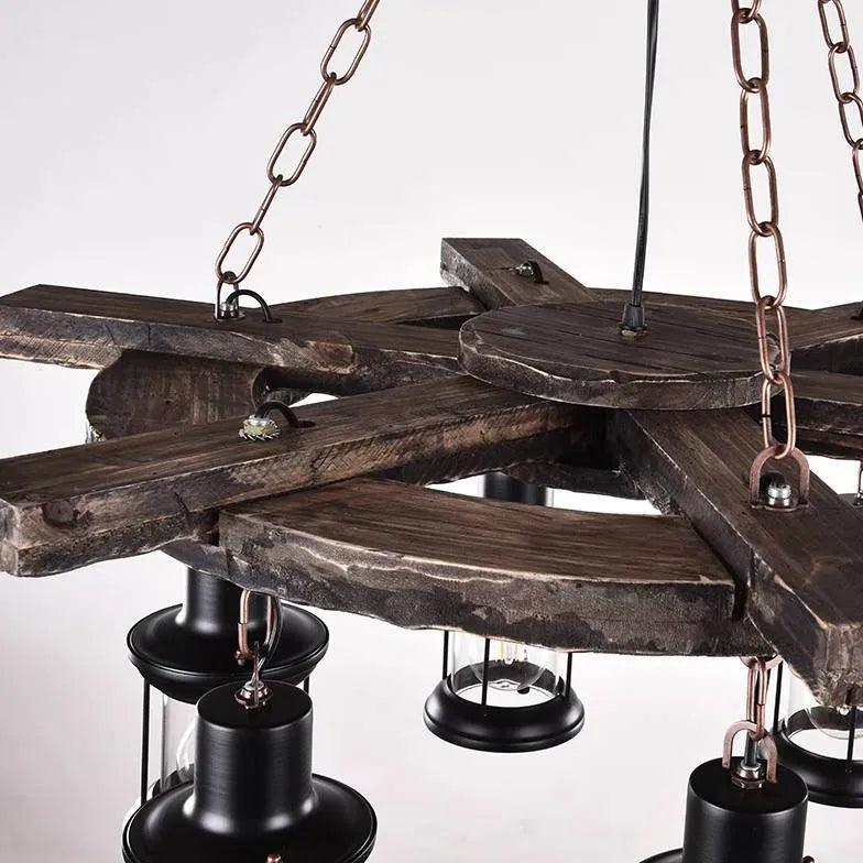 Wooden Wheel Shaped Multi-Light Industrial Chandelier Fixture | Rebooters - Rebooters