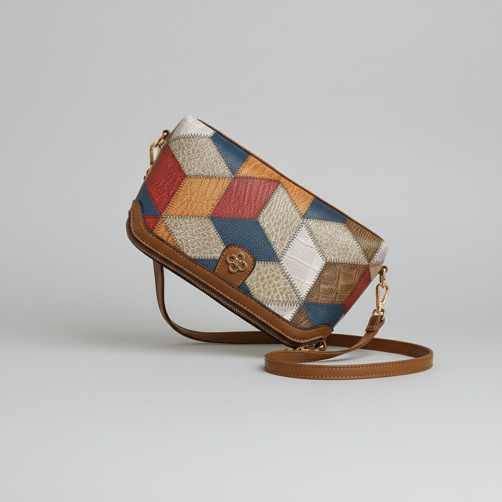 Geometric multicolor patchwork leather crossbody bag with brown strap on beige background