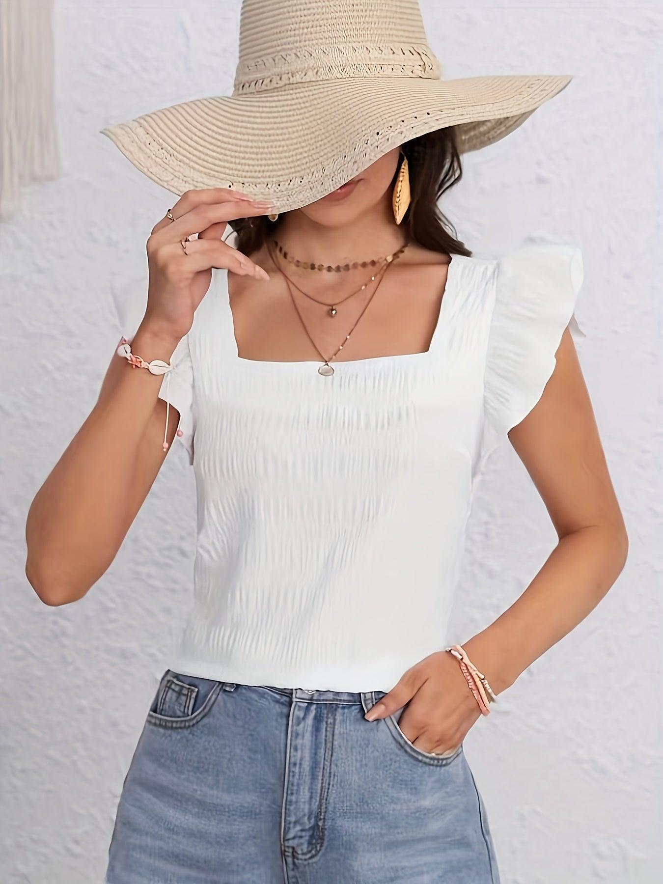 Smocked Square-Neck Top With Flutter Sleeves For Women Rebooters Womens Shirts