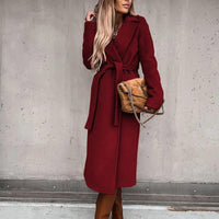 Womens Chic Longline Wool Coat with Stylish Belt Fashion Burgandy - Rebooters