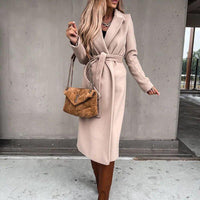 Womens Chic Longline Wool Coat with Stylish Belt Fashion Beige - Rebooters