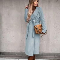 Womens Chic Longline Wool Coat with Stylish Belt Fashion Blue - Rebooters
