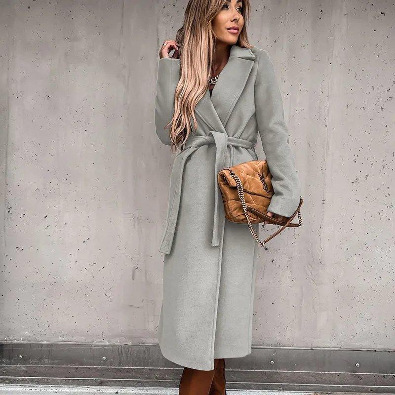 Womens Chic Longline Wool Coat with Stylish Belt Fashion Grey - Rebooters
